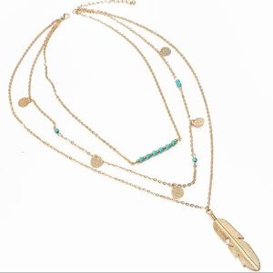 Feather Pendant Layered Chain Necklace